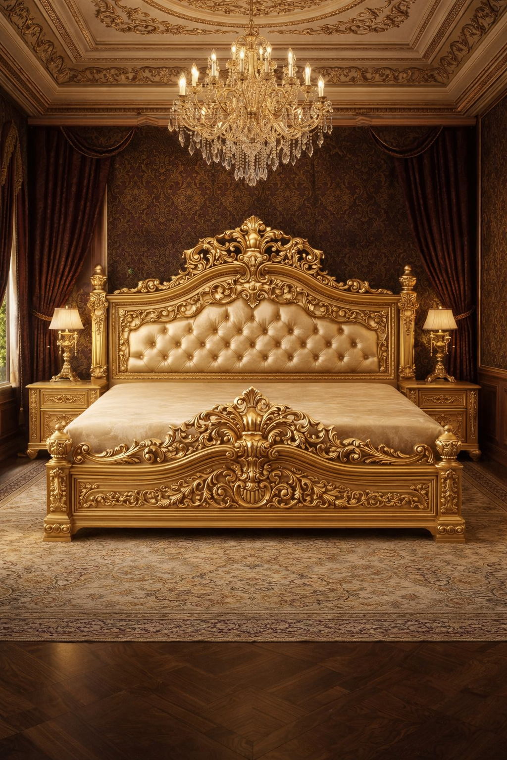 Luxury gold finish royal king size carved bed with side tables
