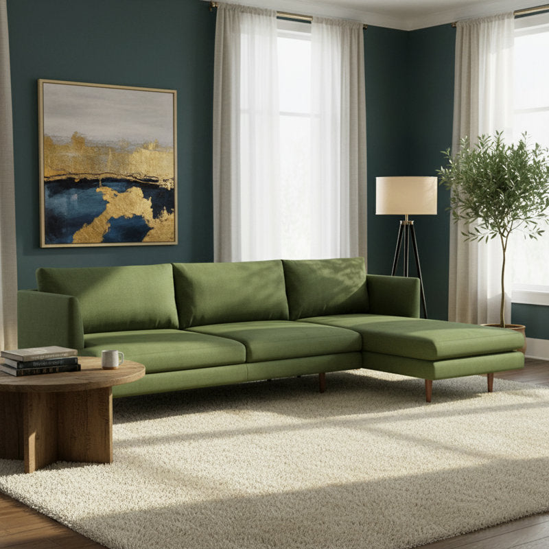 Contemporary olive green teak wood sectional sofa