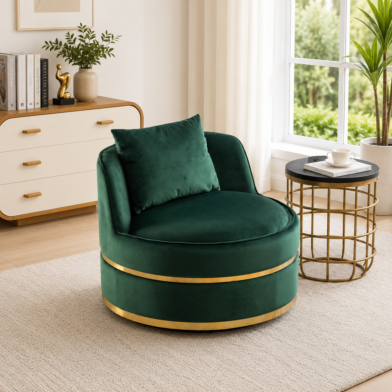 Luxury green velvet accent chair with gold detailing