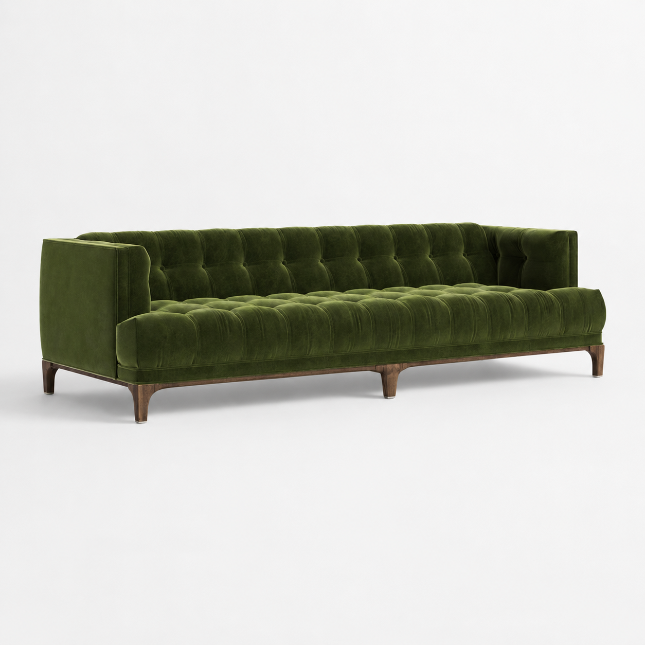 Luxury green velvet Chesterfield sofa with teak wood base