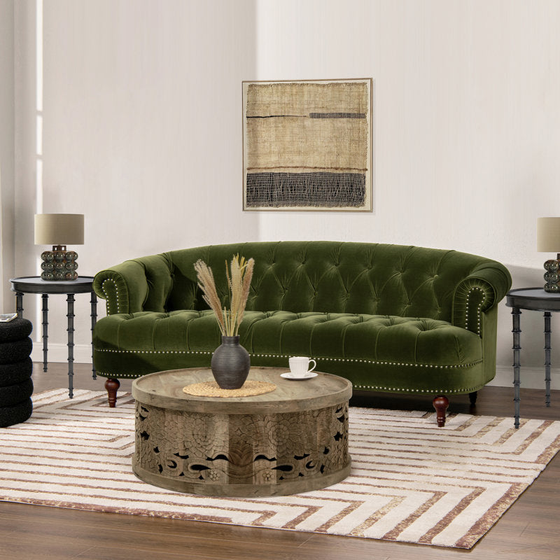 Olive green Chesterfield sofa handcrafted from teak wood