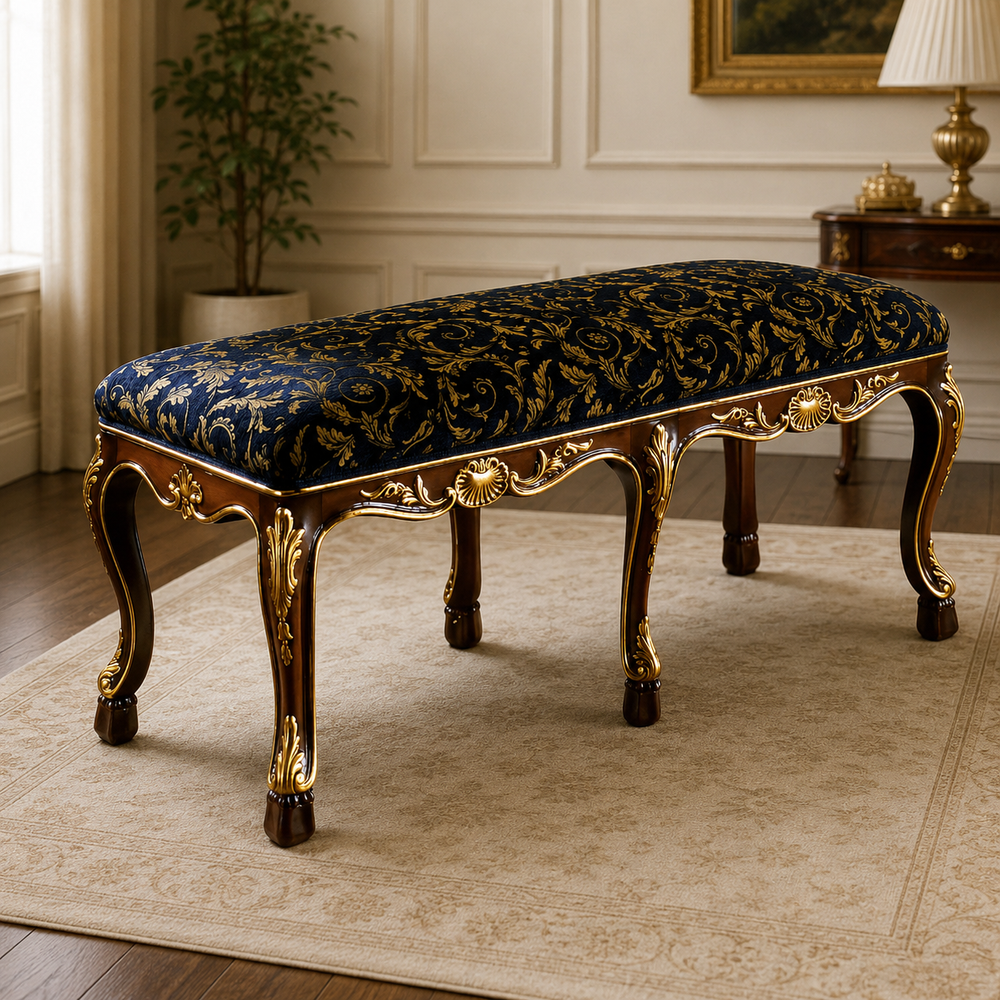 Luxury hand-carved solid teak wood upholstered bench with navy blue floral fabric and gold detailing by Sky Rise Decor