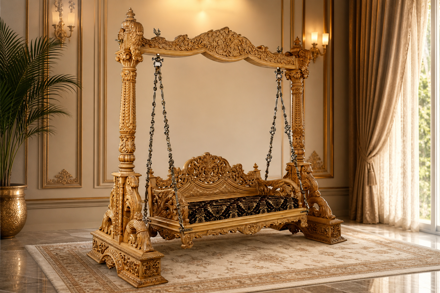 Traditional solid teak wood jhula swing for home
