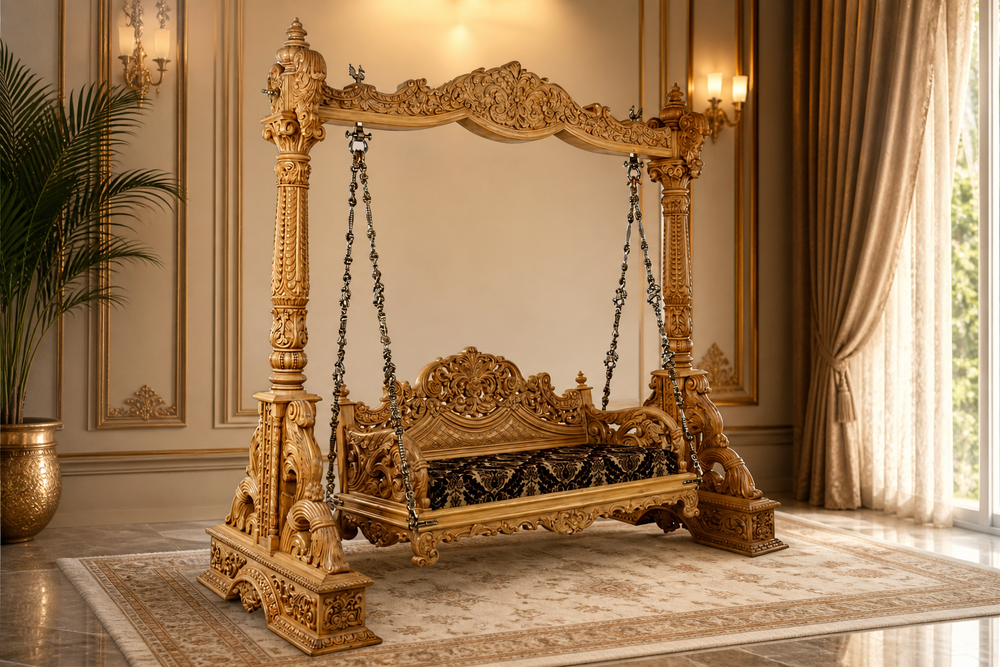 Traditional solid teak wood jhula swing for home