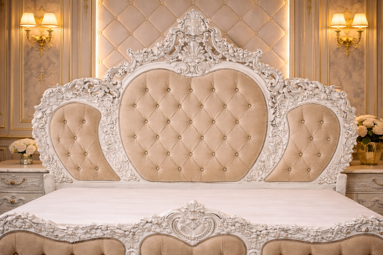 Luxury heart design king bed footboard with intricate carving