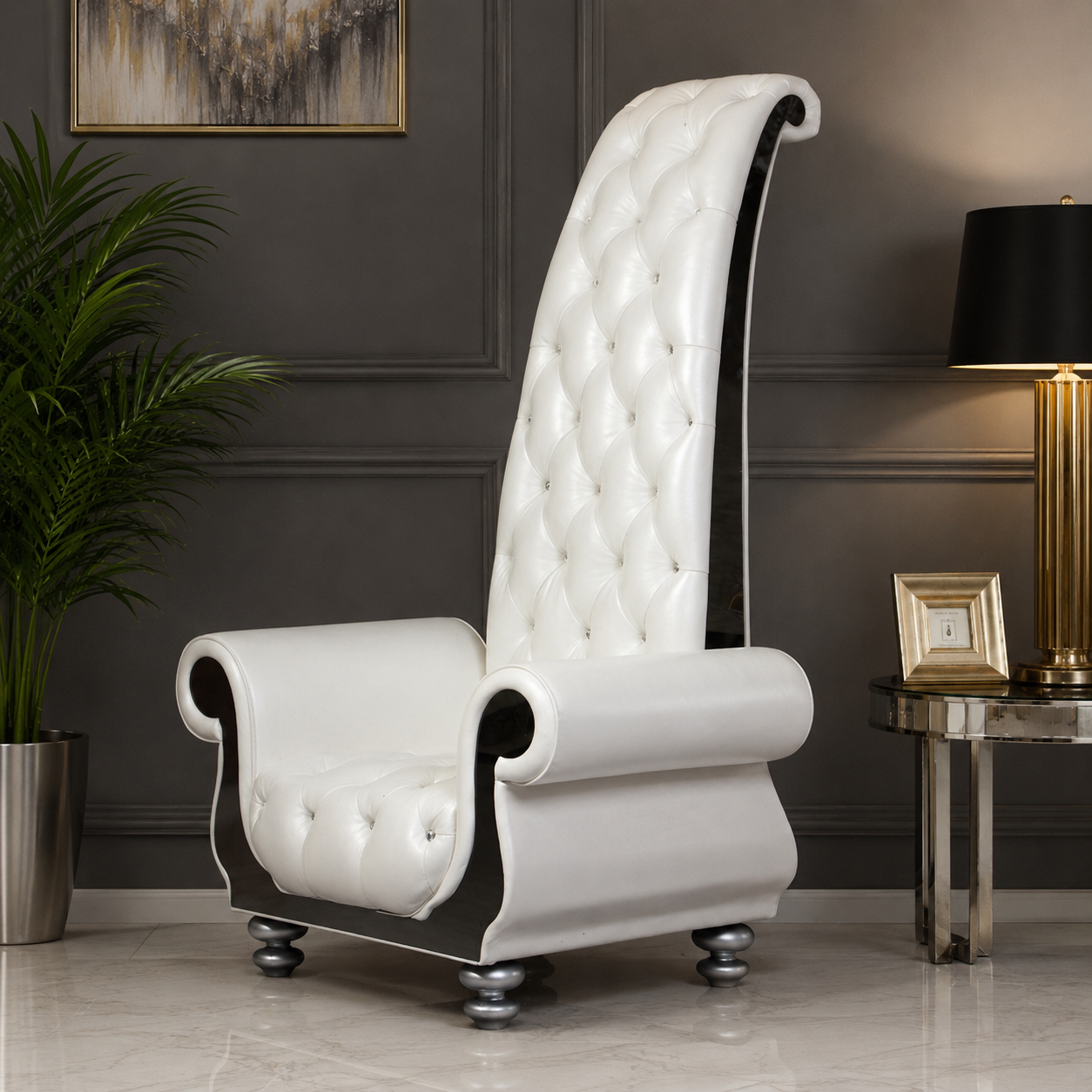 Luxury White High Back Throne Chair in Solid Teak Wood