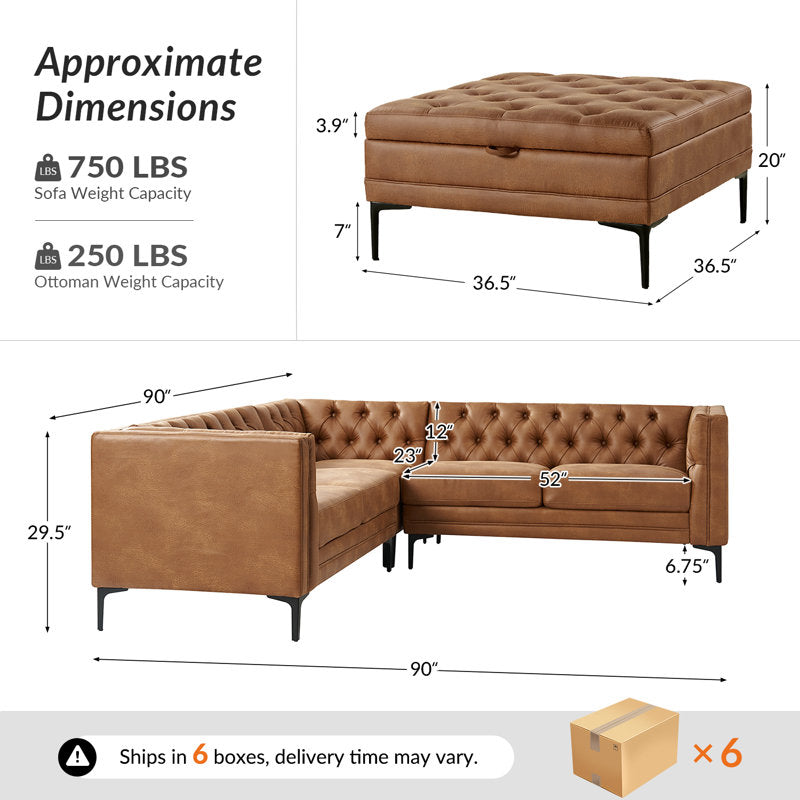 Brown leather sectional sofa with ottoman and metal legs