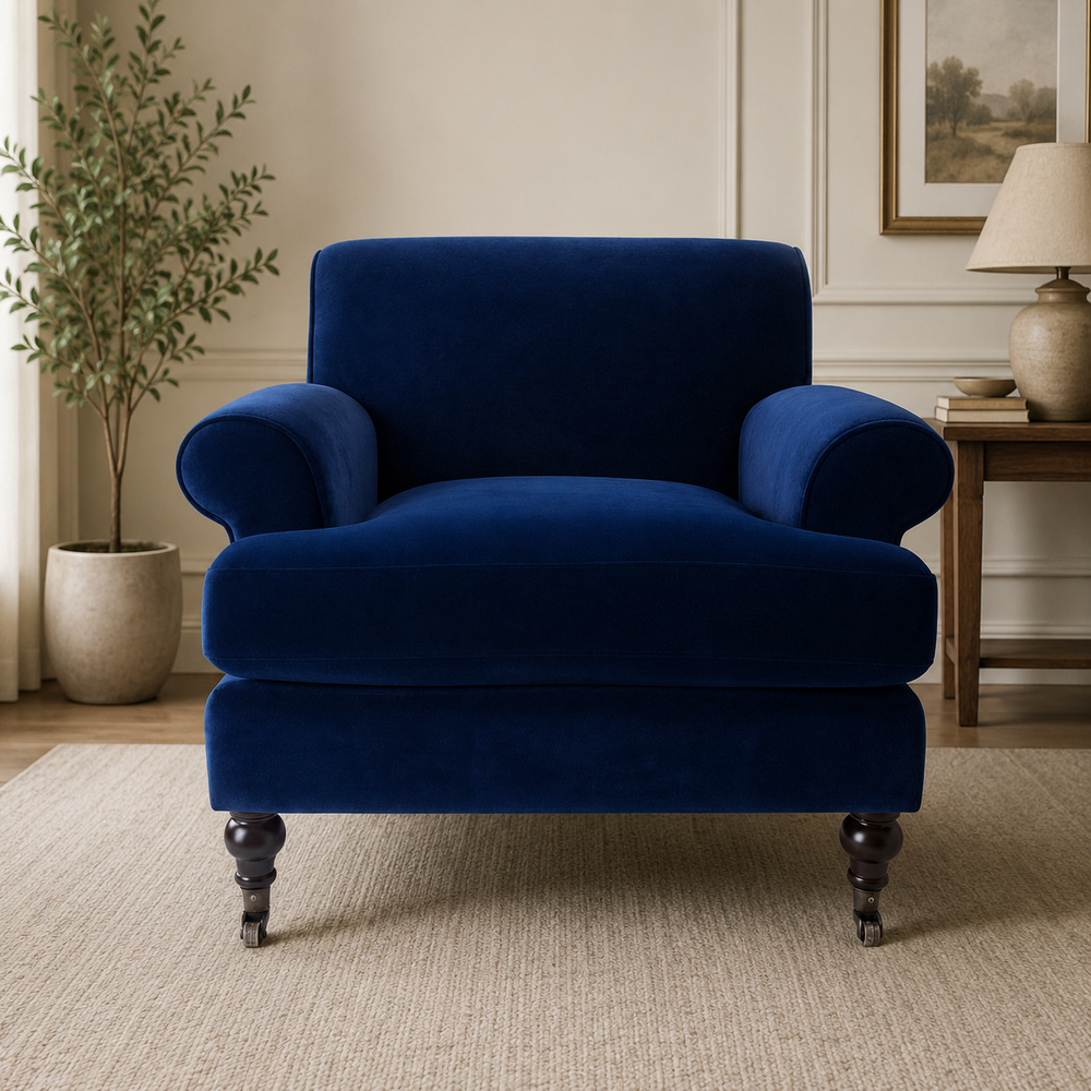 Royal blue velvet accent armchair with teak wood frame