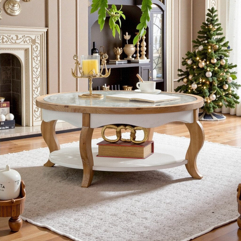 Luxury round teak wood coffee table with marble top and storage shelf
