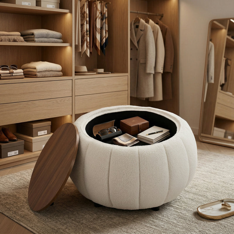 Round upholstered ottoman table with solid teak wood top