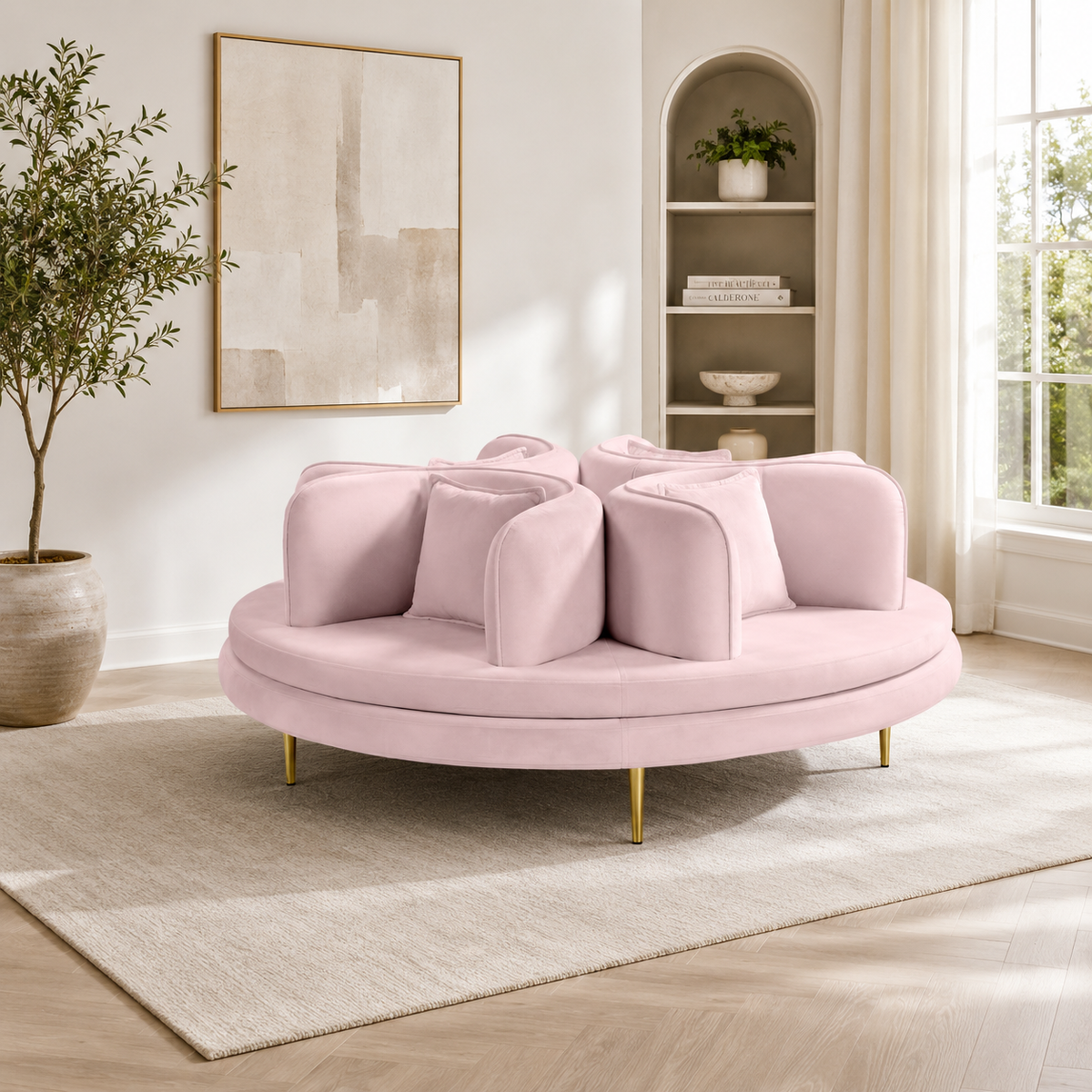 Luxury Round Teak Wood Modular Sofa in Velvet Finish