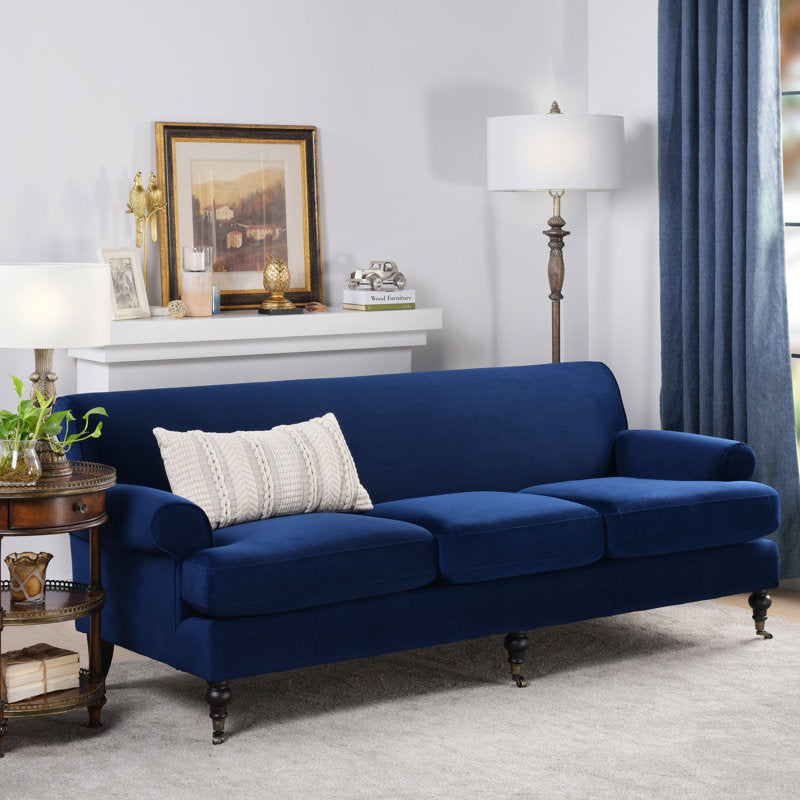 Modern classic blue velvet three-seater sofa