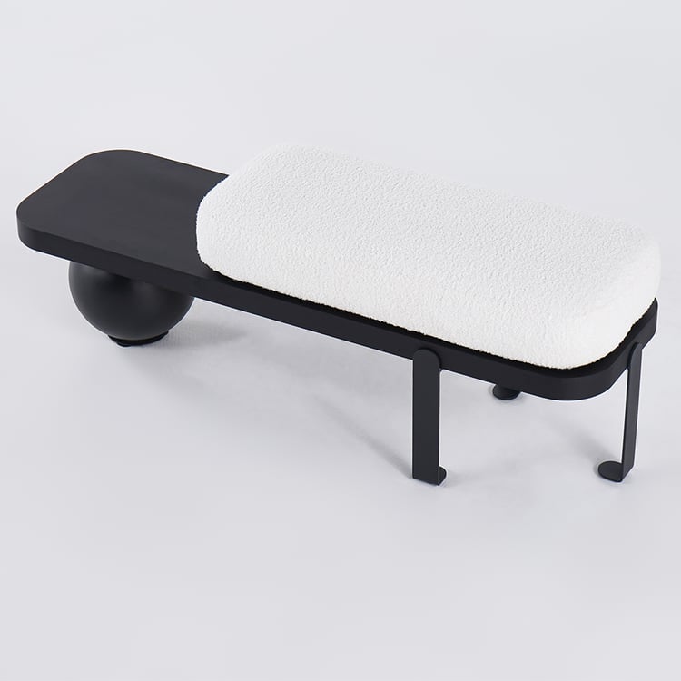 Contemporary teak wood bench with boucle cushion