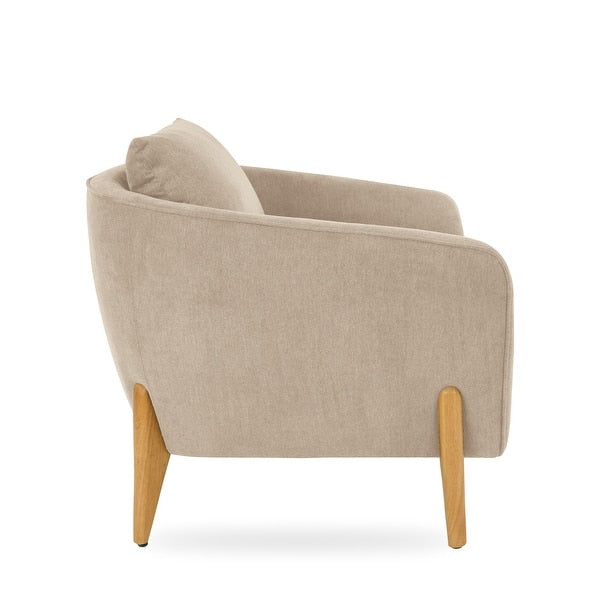 Beige fabric accent chair with teak wood legs