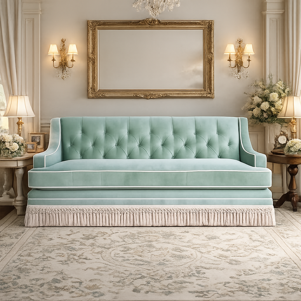 Luxury mint green velvet 3-seater sofa with solid teak wood frame