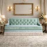 Luxury mint green velvet 3-seater sofa with solid teak wood frame