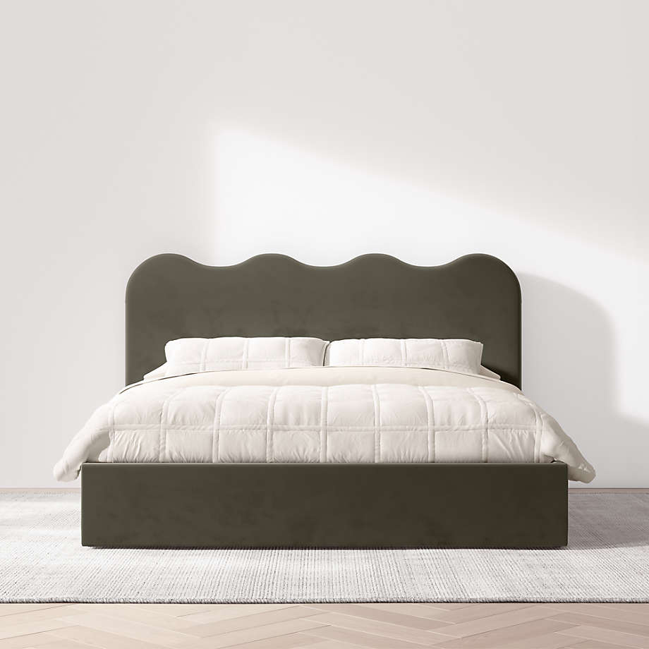 Premium upholstered teak wood bed with wave design