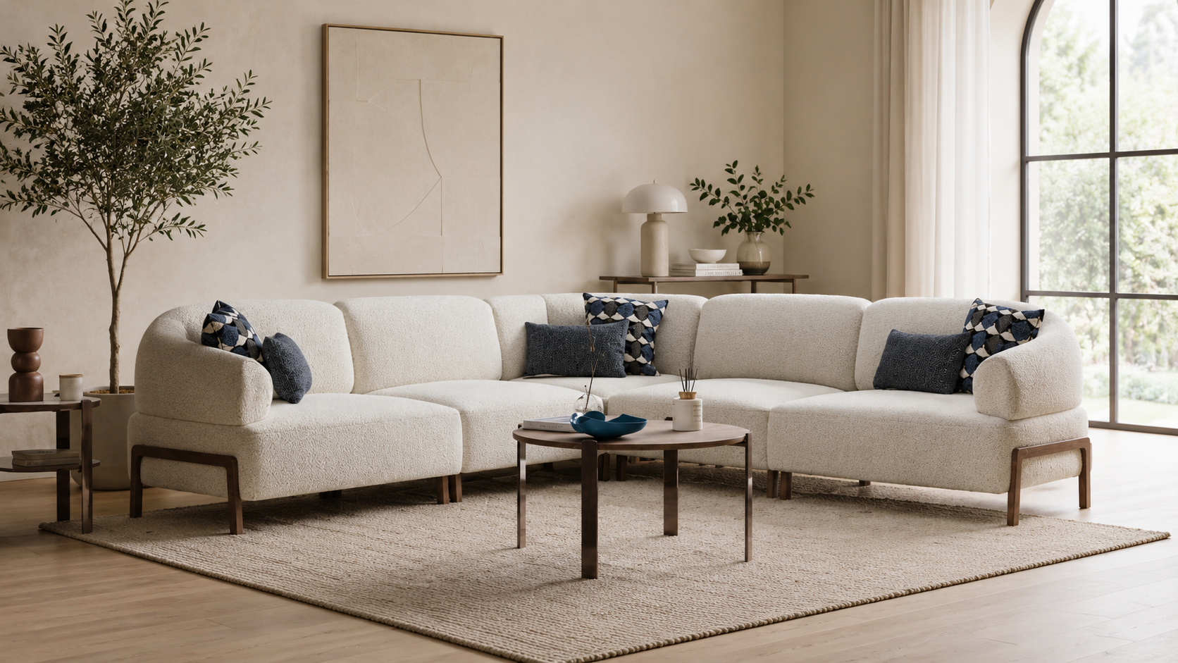 Luxury curved sectional sofa in cream boucle fabric with teak wood base