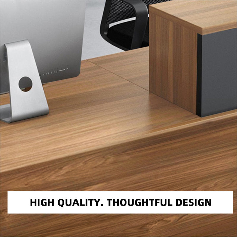 Contemporary teak wood reception counter with black base