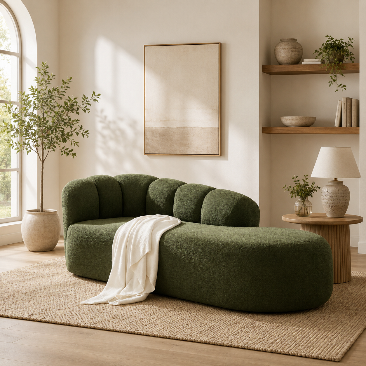 Luxury olive green curved chaise lounge sofa with teak wood frame
