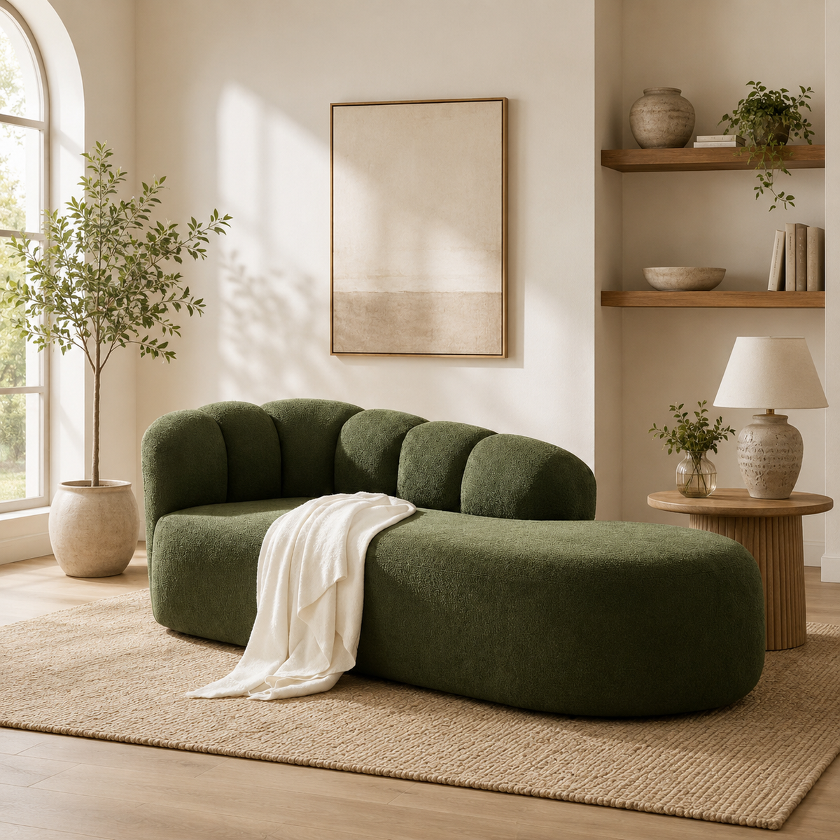 Luxury olive green curved chaise lounge sofa with teak wood frame

