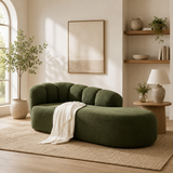 Luxury olive green curved chaise lounge sofa with teak wood frame
