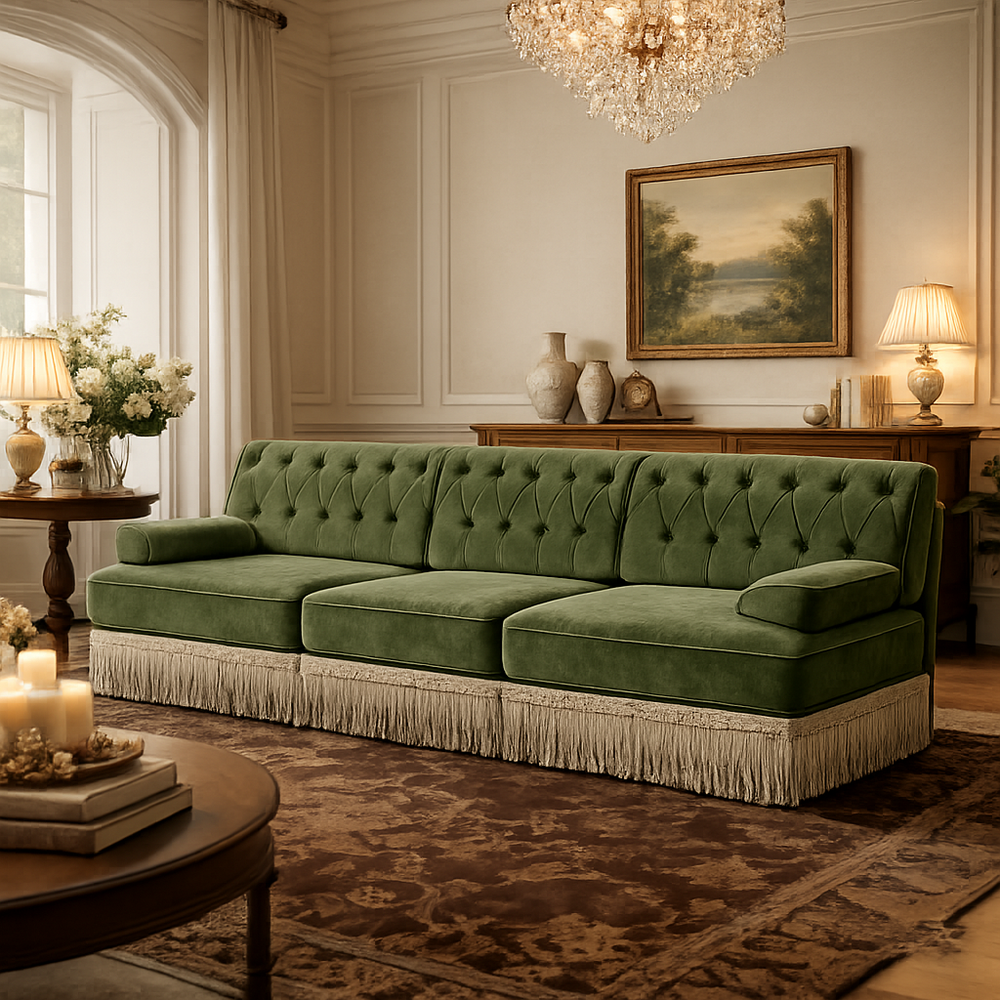 Luxury olive green velvet 3-seater sofa with solid teak wood frame