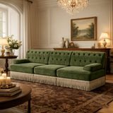 Luxury olive green velvet 3-seater sofa with solid teak wood frame