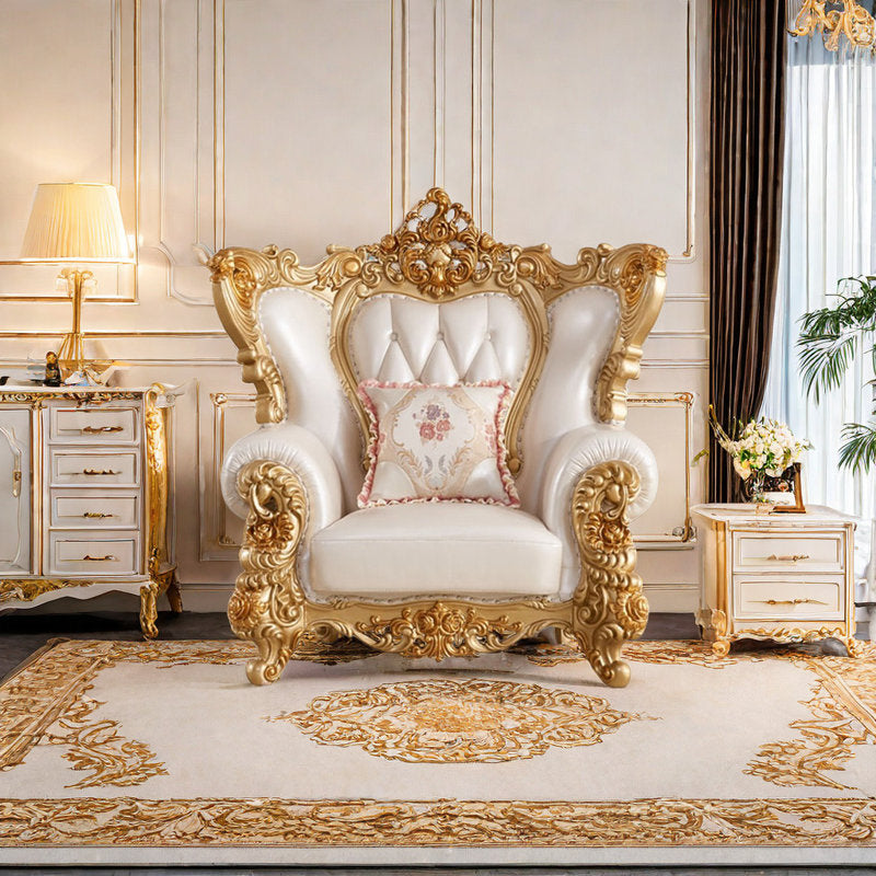 Handcrafted teak wood royal armchair with cream upholstery