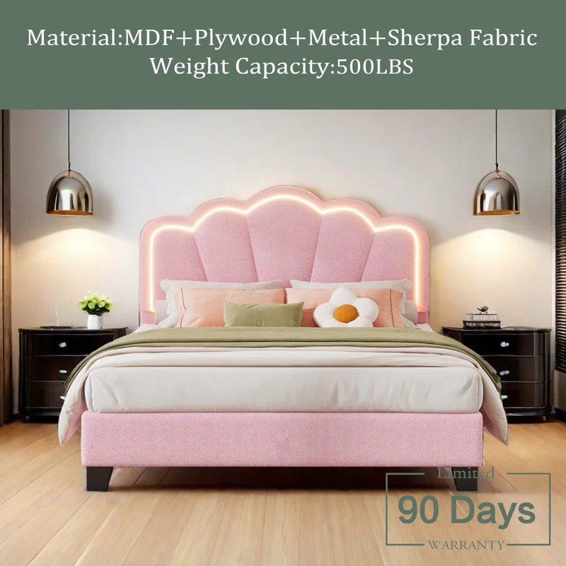 Luxury pink fabric bed frame with lights