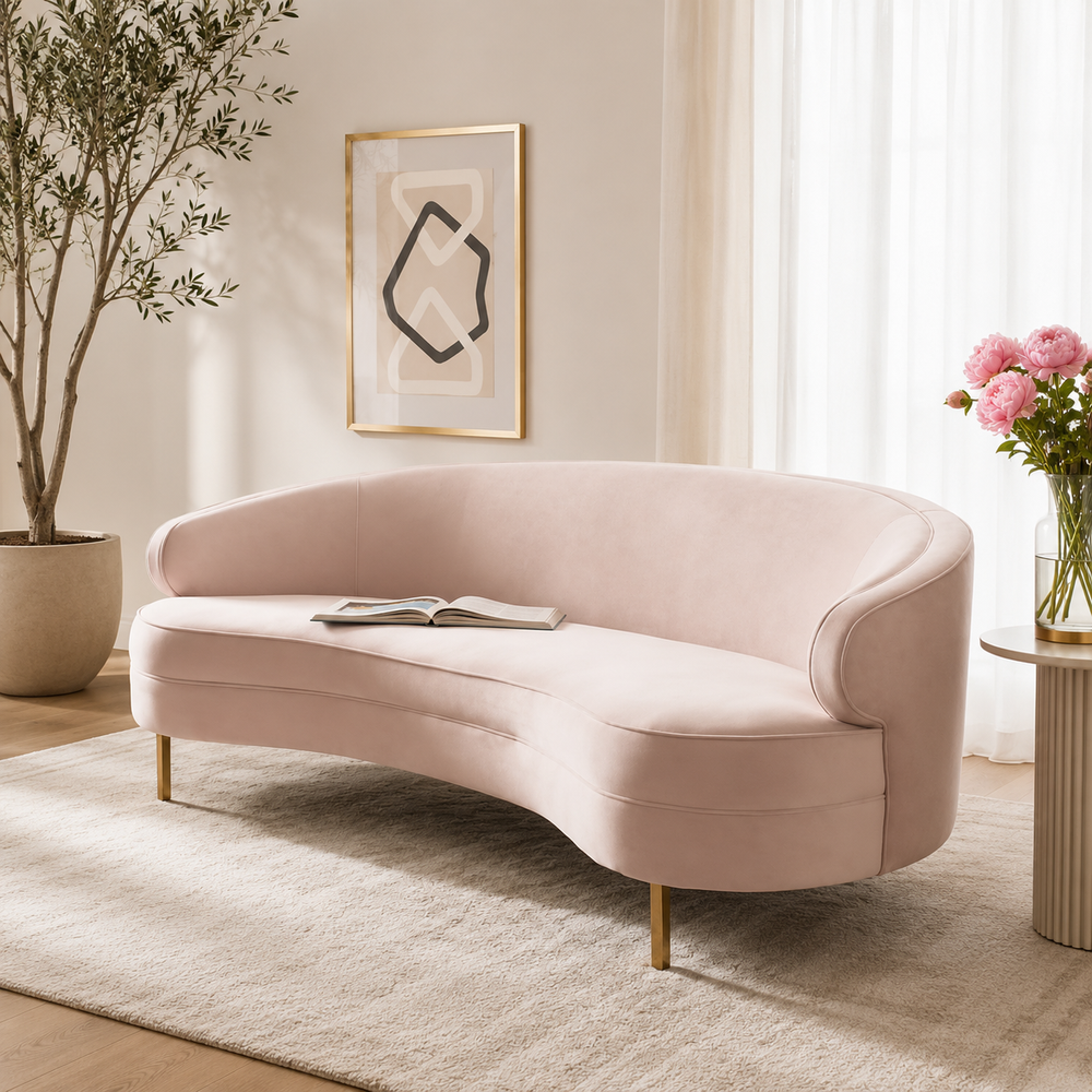 Luxury pink curved velvet sofa with teak wood frame