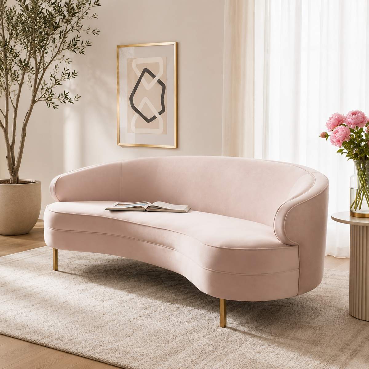 Luxury pink curved velvet sofa with teak wood frame