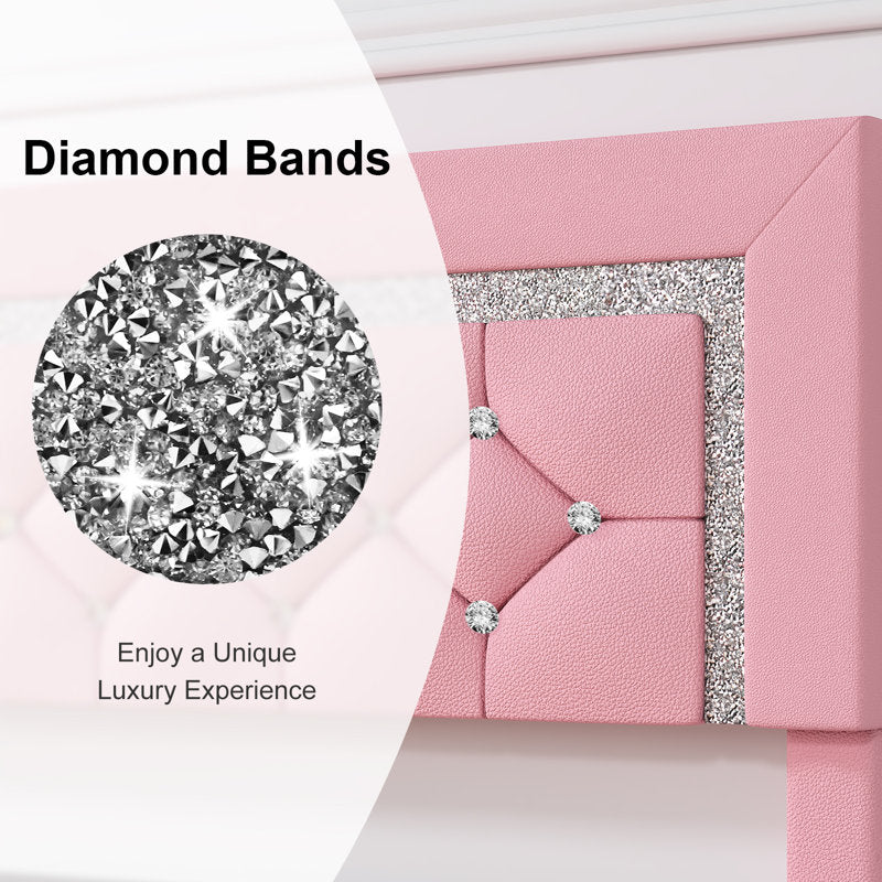 Premium pink velvet bed with crystal button headboard