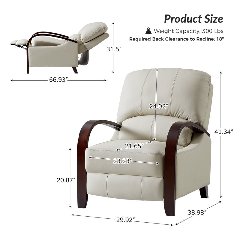 Modern ivory recliner armchair with solid teak wood frame for living room