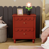 Red wooden nightstand with elegant scallop detailing
