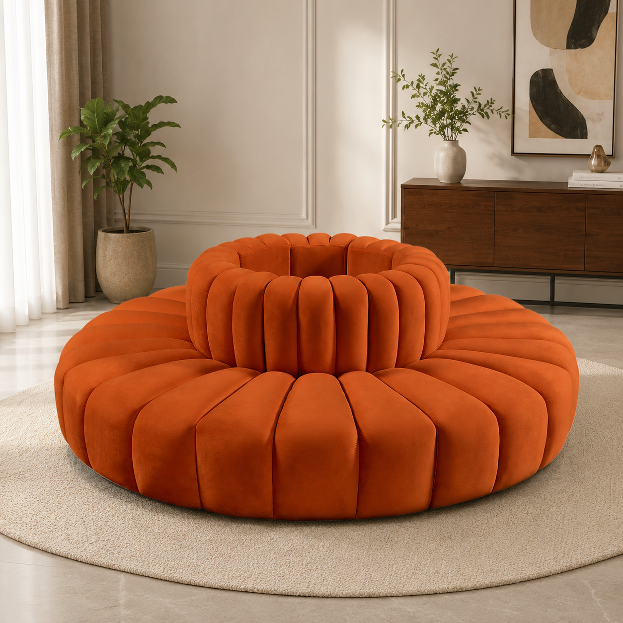 Luxury round pumpkin sofa chair in orange velvet