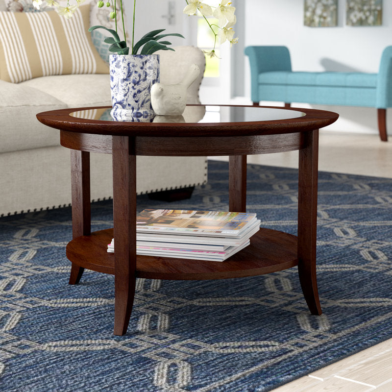 Stylish round glass top teak wood coffee table