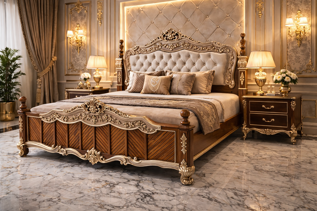 Luxury antique royal king size bed with hand carved solid wood frame and tufted upholstered headboard
