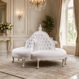 Luxury royal round chaise lounge sofa handcrafted from solid teak wood with tufted upholstery by Sky Rise Decor.