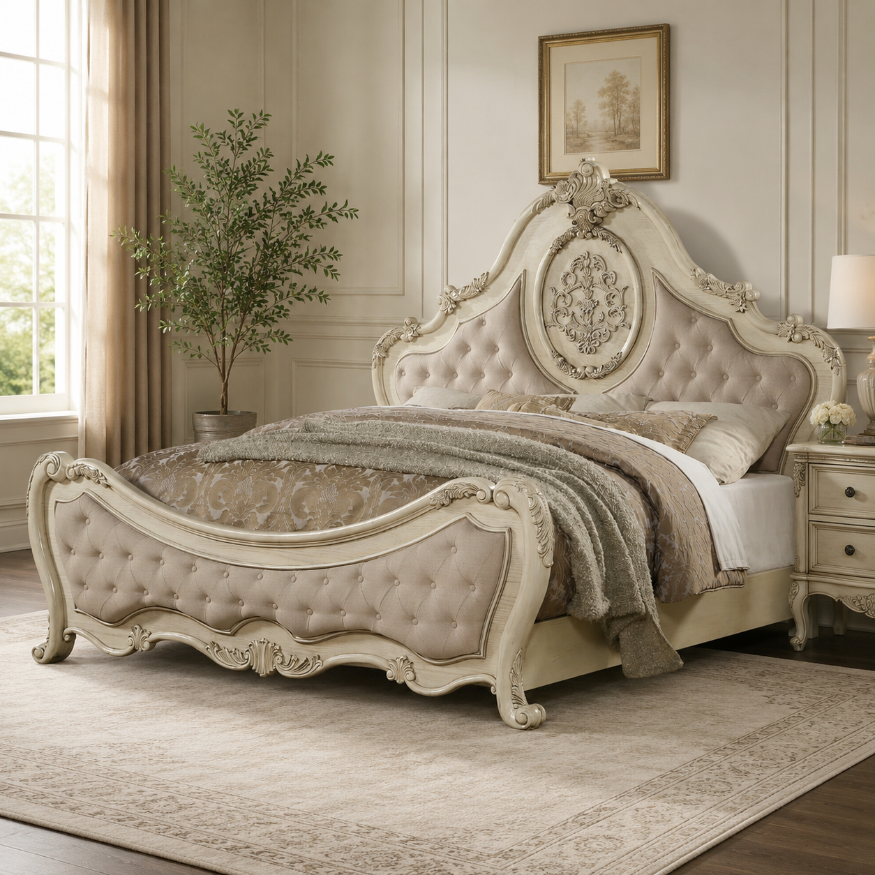 Luxury Royal Teak Wood Bed with Tufted Upholstered Headboard