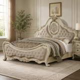 Luxury Royal Teak Wood Bed with Tufted Upholstered Headboard
