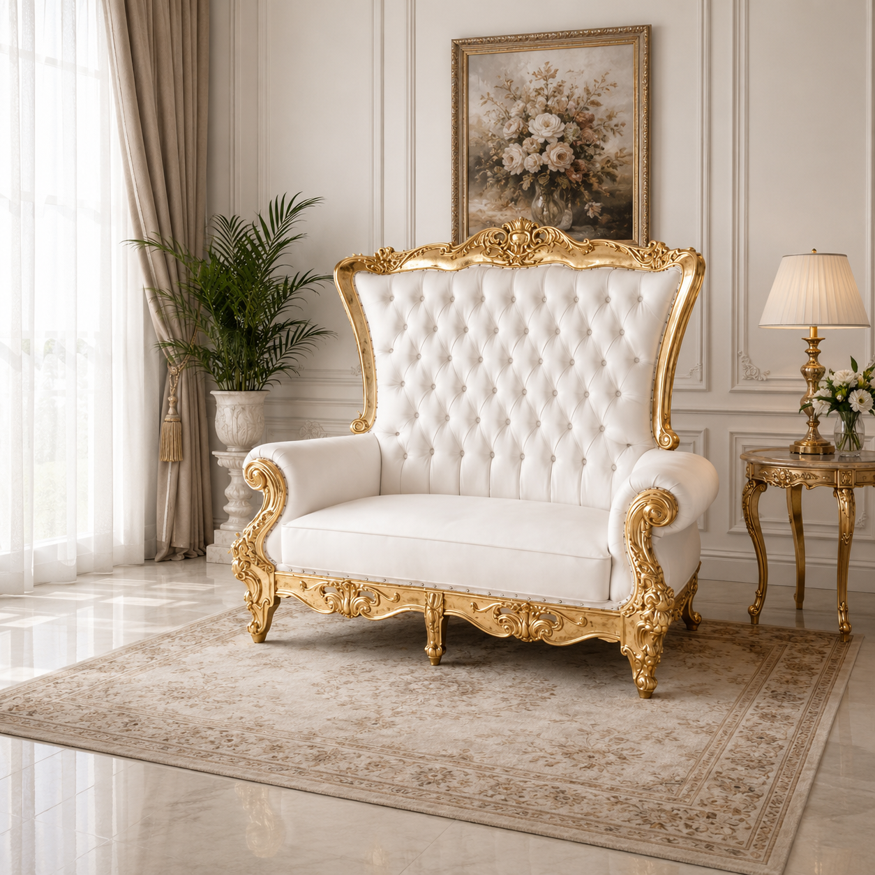 Luxury Royal High Back Sofa in Solid Teak Wood with White Tufted Upholstery and Gold Hand-Carved Finish