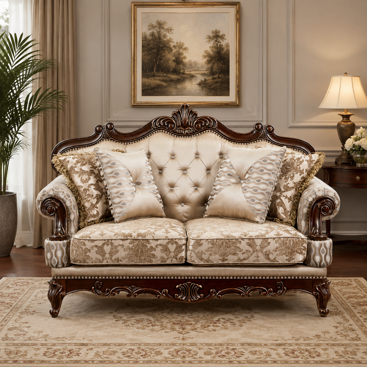 Luxury royal teak wood loveseat sofa with tufted upholstery