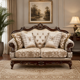 Luxury royal teak wood loveseat sofa with tufted upholstery