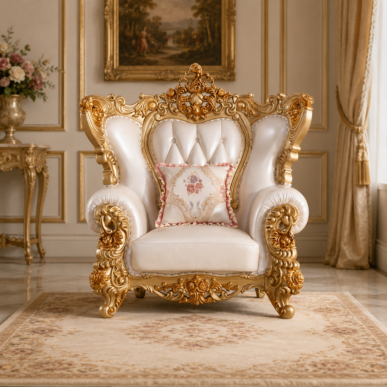 Luxury royal throne chair made from solid teak wood with gold finish