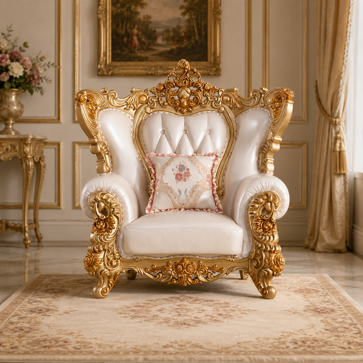 Luxury royal throne chair made from solid teak wood with gold finish