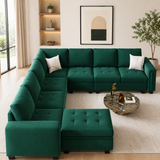 Emerald green L shape sectional sofa with ottoman and teak wood frame