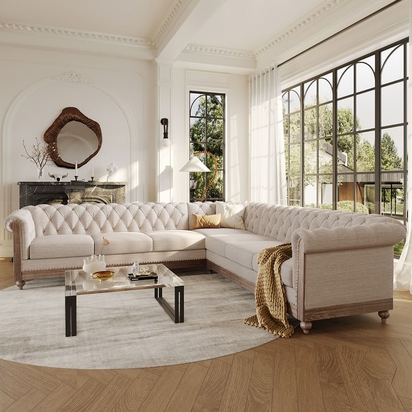 Premium cream sectional sofa with teak wood frame