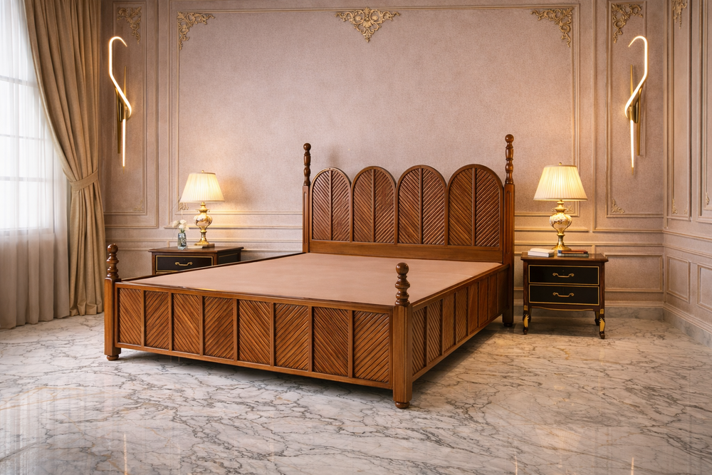 Luxury solid wood king size bed with arched panel headboard and walnut finish

