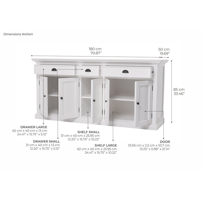 Large white sideboard cabinet with drawers and doors